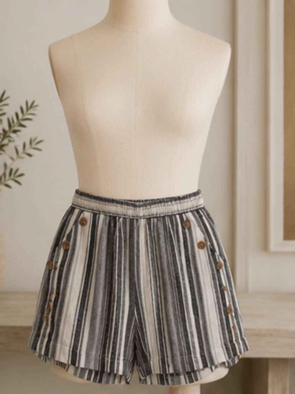 Striped Elastic-Waist Women's Shorts - Black & Cream